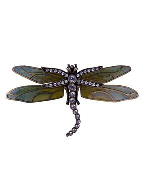 Kenneth Jay Lane Gold Tone & Green Rhinestone Dragonfly Brooch Enamel Wings